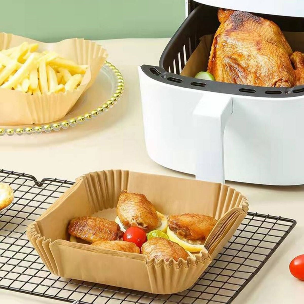 BUFFER® 50 Adet Air Fryer Pişirme Kağıdı Tek Kullanımlık Hava Fritöz Yağ Geçirmez Yapışmaz Gıda Pişirme Kağıdı Kare Tabak Model