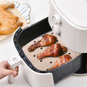 BUFFER® 50 Adet Air Fryer Pişirme Kağıdı Tek Kullanımlık Hava Fritöz Yağ Geçirmez Yapışmaz Gıda Pişirme Kağıdı Delikli Kare Model
