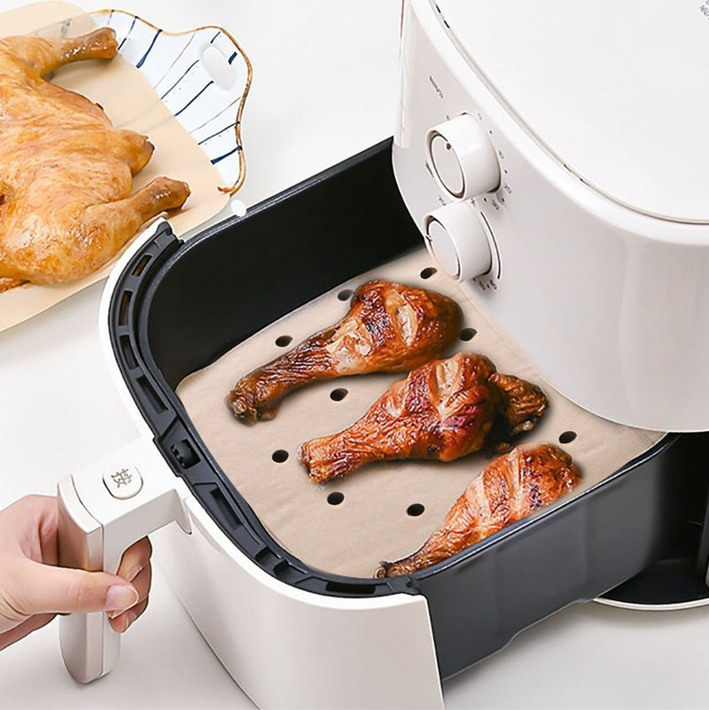BUFFER® 50 Adet Air Fryer Pişirme Kağıdı Tek Kullanımlık Hava Fritöz Yağ Geçirmez Yapışmaz Gıda Pişirme Kağıdı Delikli Kare Model