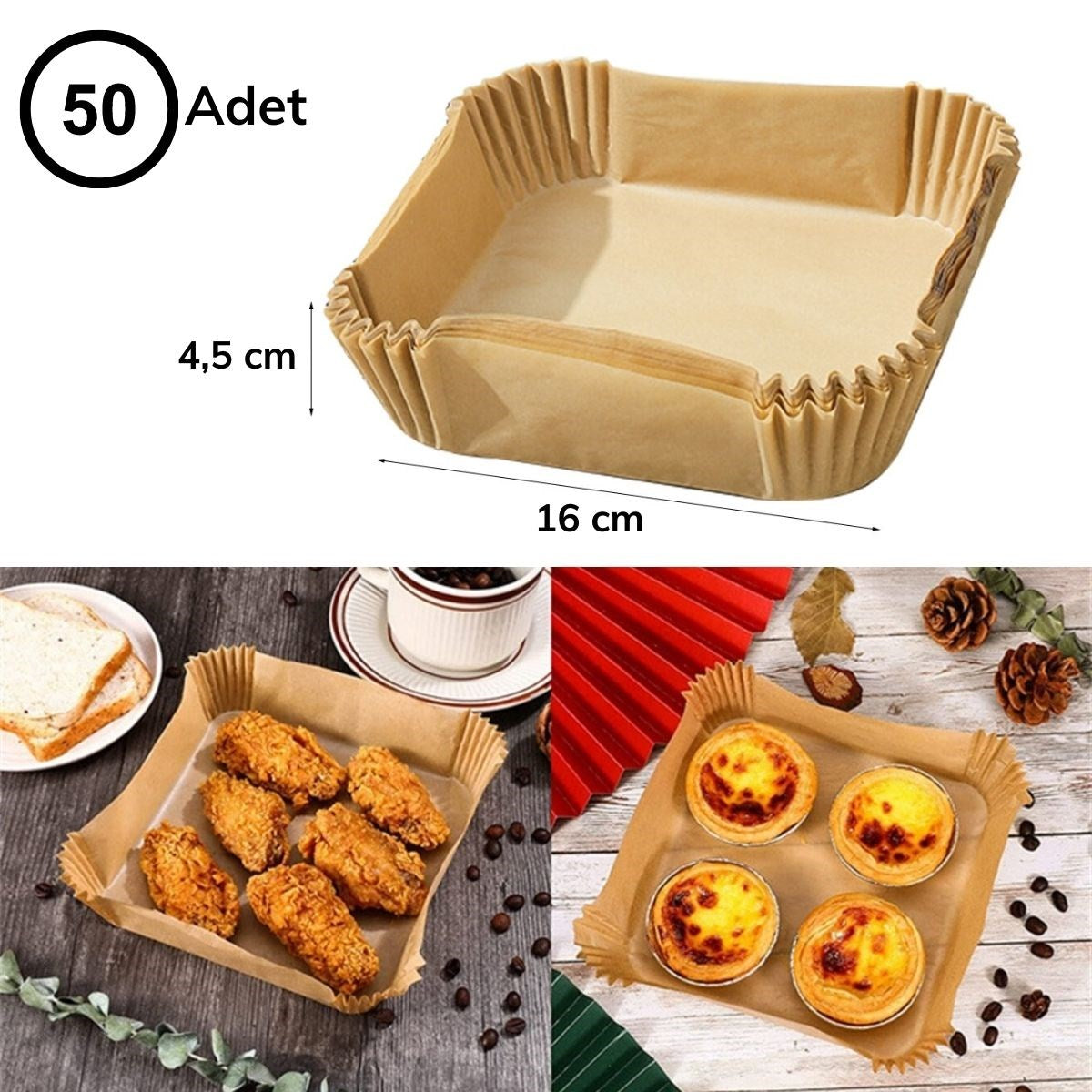 BUFFER® 50 Adet Air Fryer Pişirme Kağıdı Tek Kullanımlık Hava Fritöz Yağ Geçirmez Yapışmaz Gıda Pişirme Kağıdı Kare Tabak Model