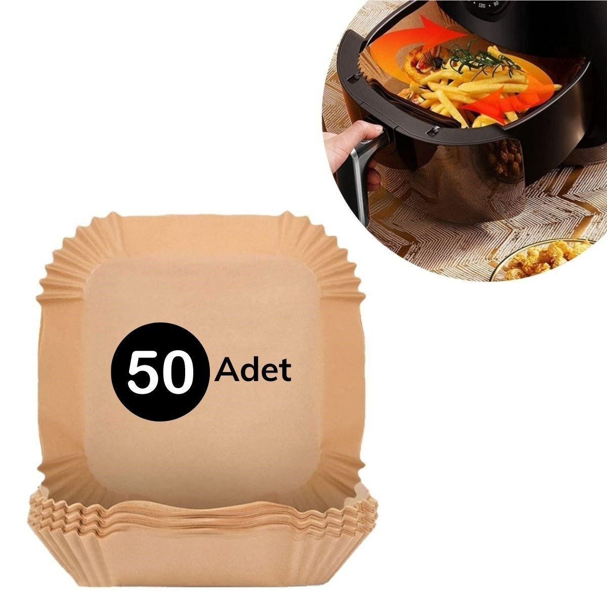 BUFFER® 50 Adet Air Fryer Pişirme Kağıdı Tek Kullanımlık Hava Fritöz Yağ Geçirmez Yapışmaz Gıda Pişirme Kağıdı Kare Tabak Model