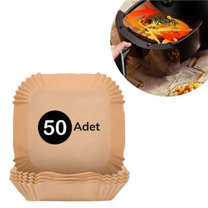 BUFFER® 50 Adet Air Fryer Pişirme Kağıdı Tek Kullanımlık Hava Fritöz Yağ Geçirmez Yapışmaz Gıda Pişirme Kağıdı Kare Tabak Model