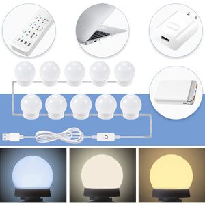 BUFFER® Nostalji Hollywood Tarzı 10'lu Makyaj Masası Aynası 3 Fonksiyonlu Beyaz Led Işıklı Lamba Usb