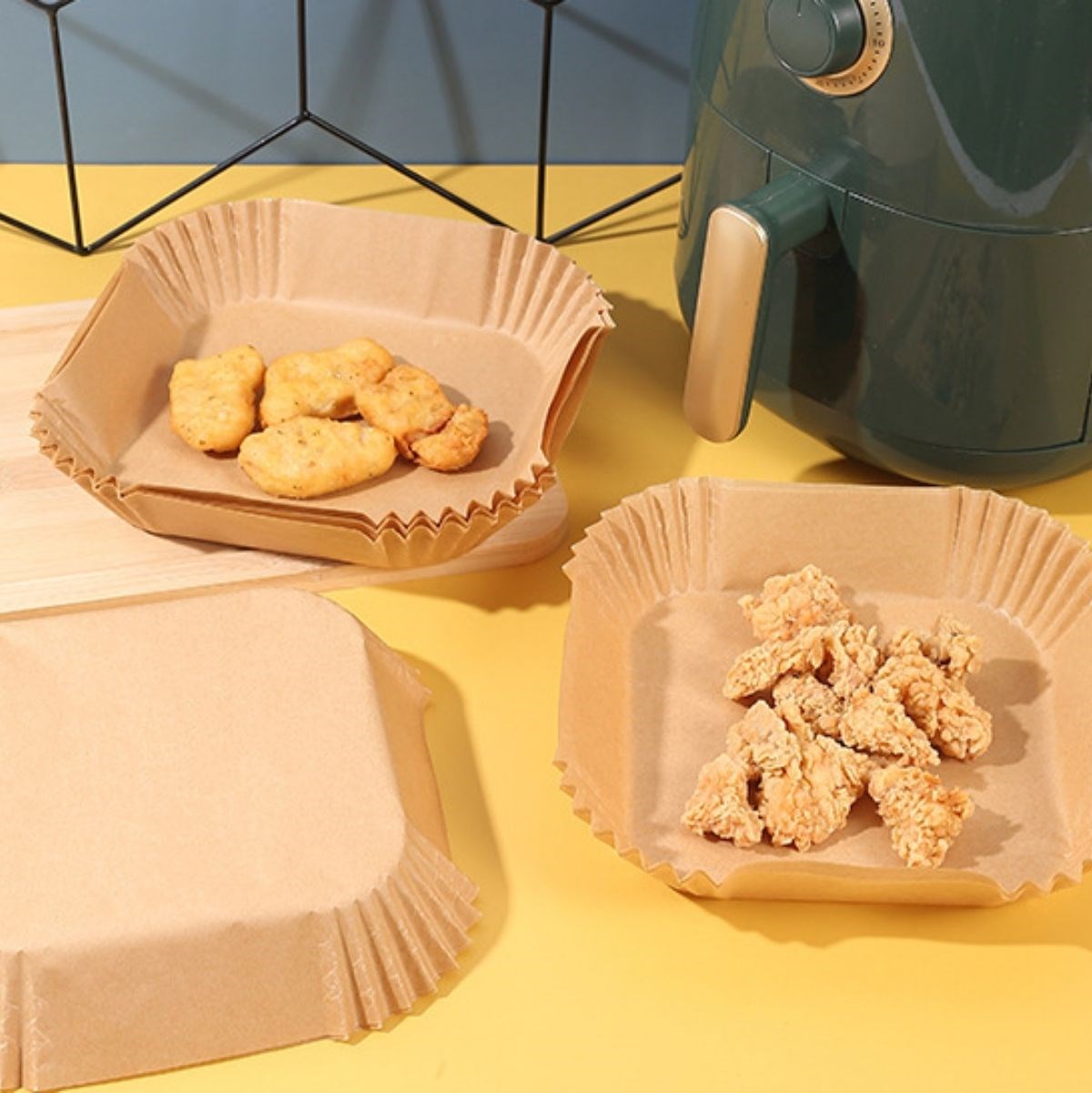 BUFFER® 50 Adet Air Fryer Pişirme Kağıdı Tek Kullanımlık Hava Fritöz Yağ Geçirmez Yapışmaz Kare Tabak Model PVC 20cm.